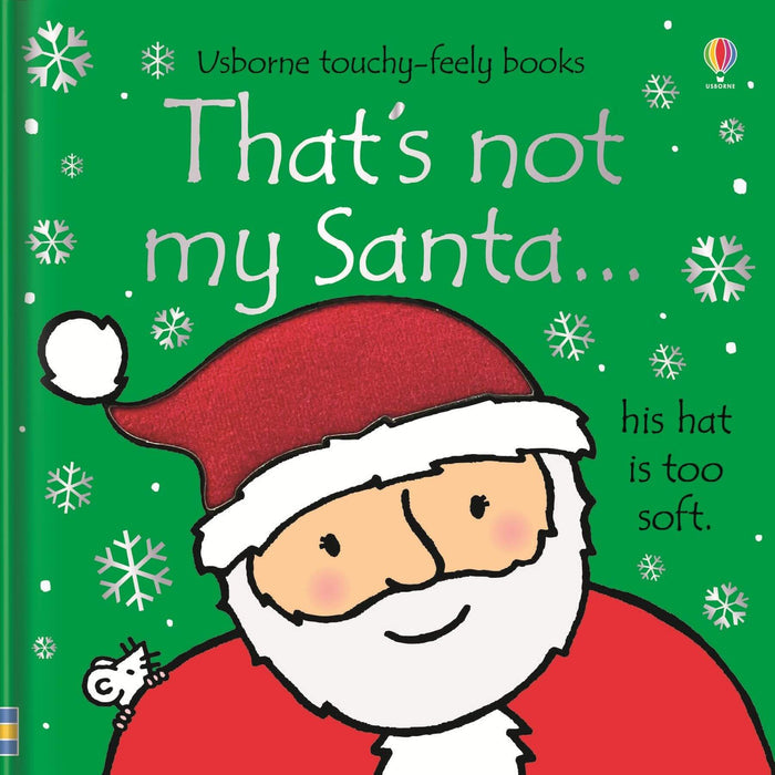 Green board book cover featuring a smiling Santa Claus, white snowflakes, and a small mouse in the corner.