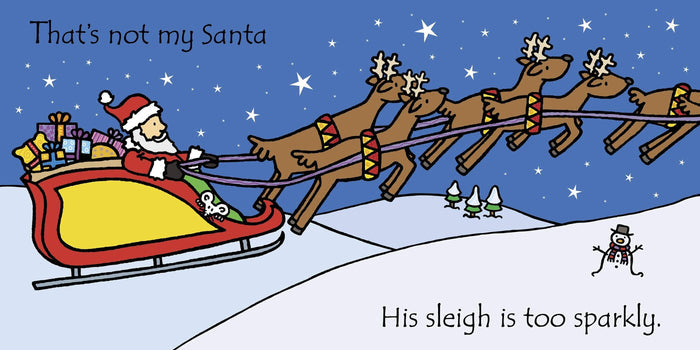 Cartoon of Santa in a red and yellow sleigh pulled by brown reindeer across a blue starry night sky.