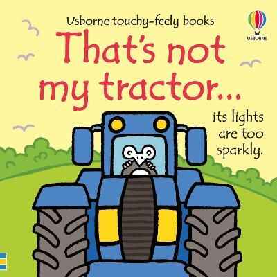 Yellow book cover featuring a blue tractor driven by a mouse, with sparkly yellow lights and green hills.