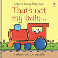Red steam engine with blue wheels and a mouse in the window on a bright yellow children's book cover.
