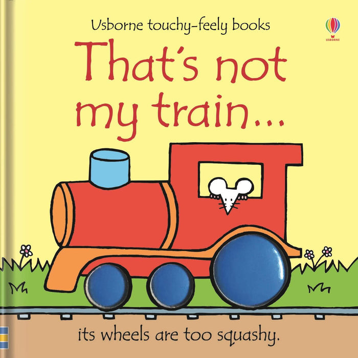 Red steam engine with blue wheels and a mouse in the window on a bright yellow children's book cover.