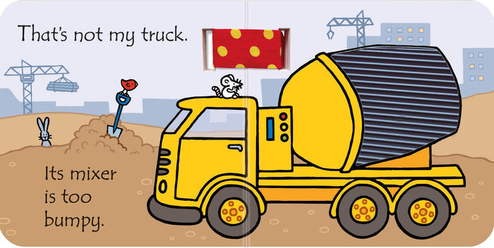 Yellow cement mixer with a bumpy grey drum, a mouse, and a red polka dot textured patch in a construction scene.