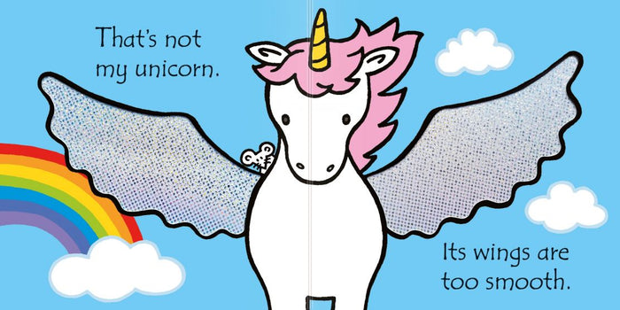 White unicorn with pink mane and smooth silver wings. Text: That's not my unicorn. Its wings are too smooth.