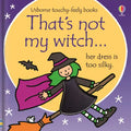 Purple board book with a green-haired witch flying on a broomstick against a large yellow moon and starry night sky.