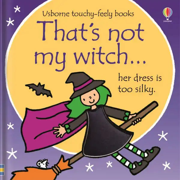 Purple board book with a green-haired witch flying on a broomstick against a large yellow moon and starry night sky.