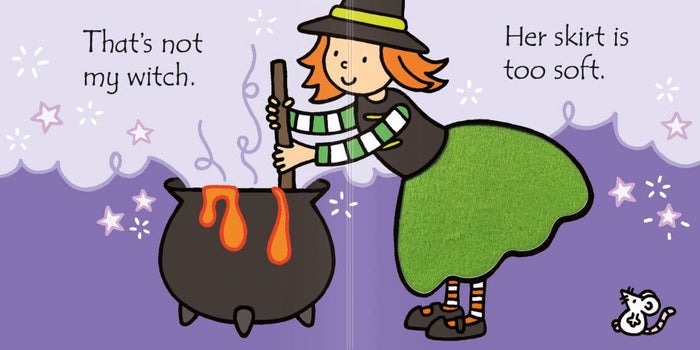 Cartoon witch stirring a cauldron with a fuzzy green tactile skirt. Purple background with stars and text.