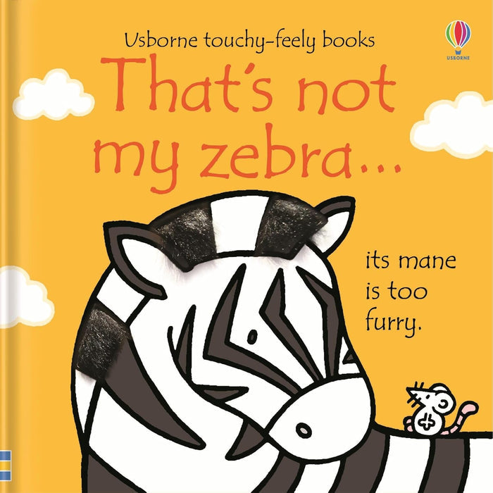Board book cover showing a black and white zebra with a furry mane and a small mouse on a bright yellow background.