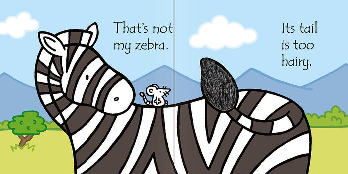 Illustrated black and white zebra with a fuzzy textured tail, a small mouse on its back, and a mountain landscape.
