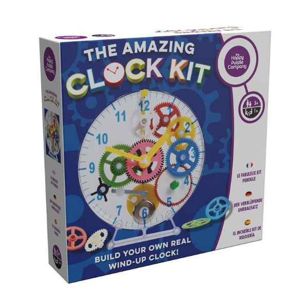 Box for a DIY clock kit featuring a transparent wind-up clock with bright, multi-colored internal gears.