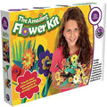Yellow product box featuring a girl holding a bouquet of colorful 3D foam flowers and vibrant floral illustrations.