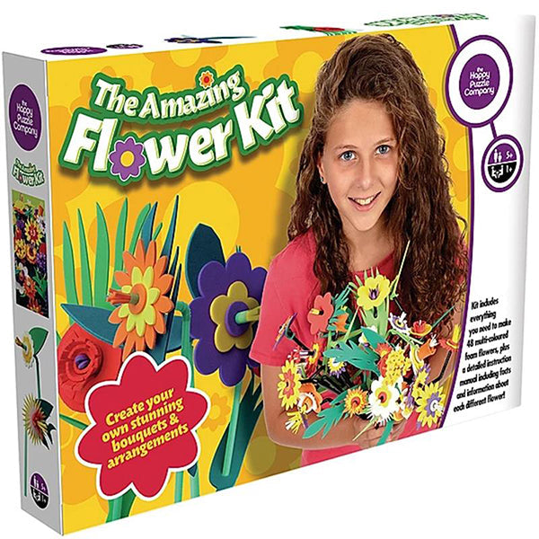 Yellow product box featuring a girl holding a bouquet of colorful 3D foam flowers and vibrant floral illustrations.