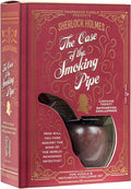 Red book-shaped puzzle box with gold foil designs and a pipe-shaped window revealing a wooden smoking pipe.