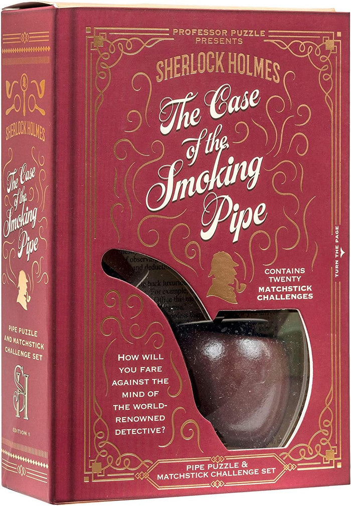 Red book-shaped puzzle box with gold foil designs and a pipe-shaped window revealing a wooden smoking pipe.