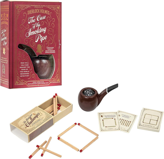 Sherlock Holmes puzzle set with a red book box, dark brown wooden pipe, matches, and matchstick challenge cards.