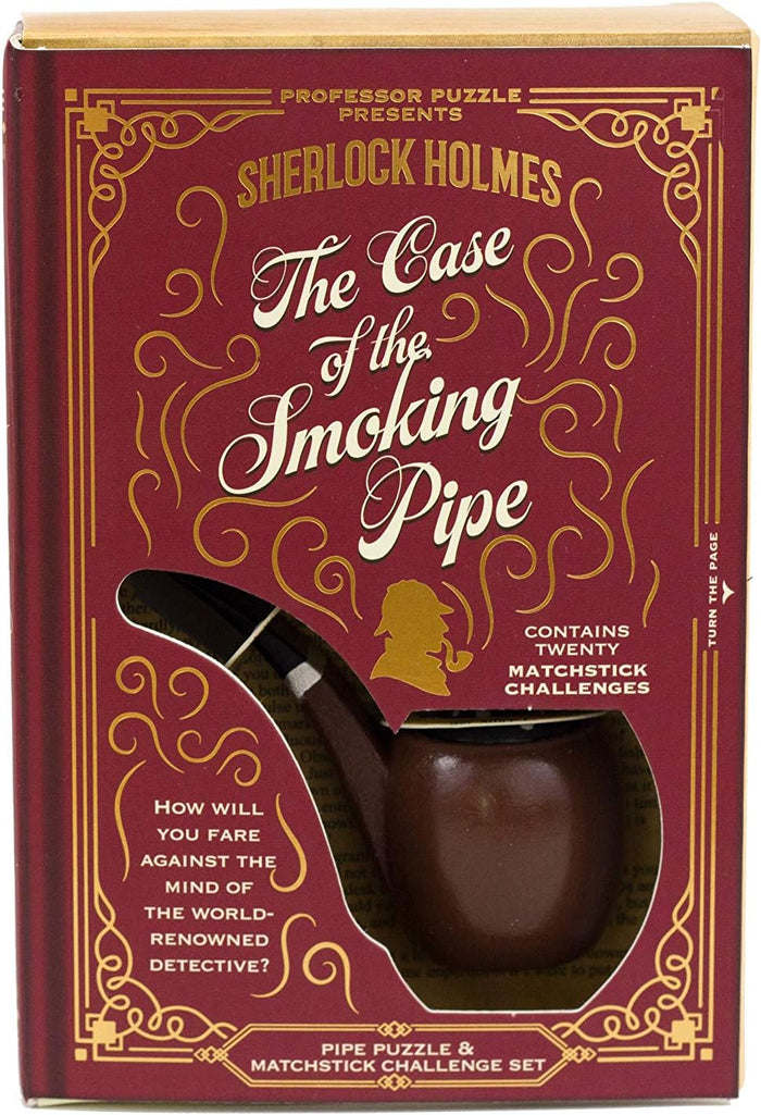 Burgundy book-style box with gold filigree and a cutout window displaying a brown wooden-style smoking pipe.