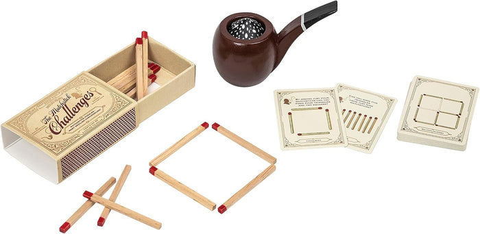 Matchstick puzzle game with a brown wooden pipe, matchbox, red-tipped wooden matches, and illustrated challenge cards.