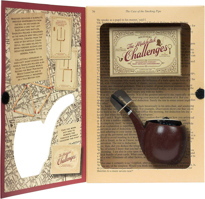 Open book-style box with Sherlock Holmes matchstick puzzles and a brown 3D smoking pipe accessory.