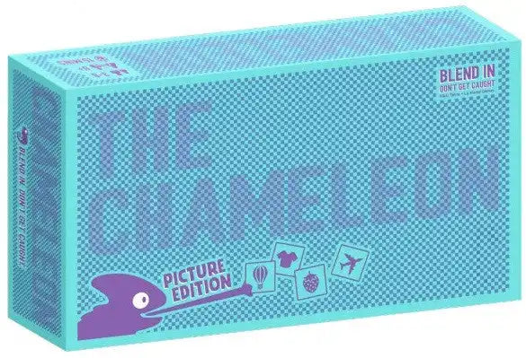 Cyan patterned board game box featuring purple text and a chameleon catching picture cards with its tongue.