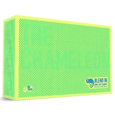 Neon green and yellow checkerboard patterned board game box with a blue chameleon icon and Big Potato logo.