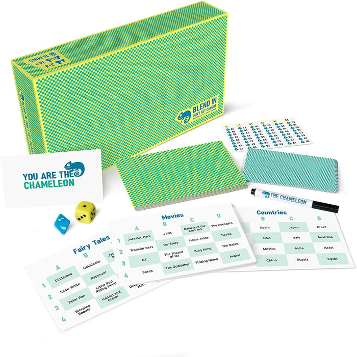 Green and yellow patterned board game box shown with dice, category cards, and a dry-erase marker.
