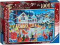 Red Ravensburger puzzle box featuring a festive, snowy night scene with a decorated house and people ice skating.