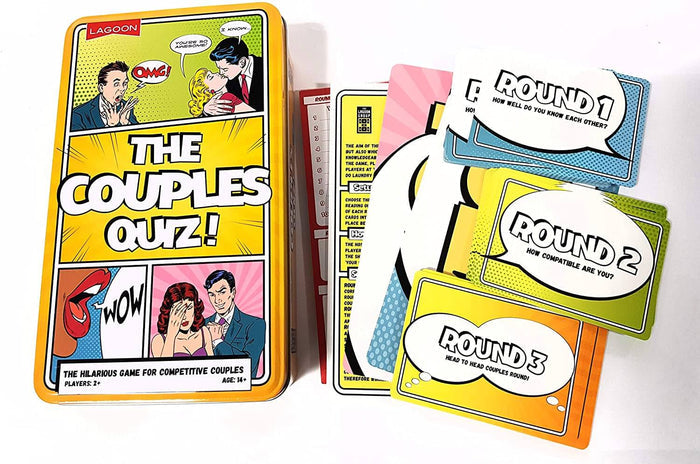 Yellow comic-style tin with pop art illustrations and fanned out blue, green, and yellow game cards.