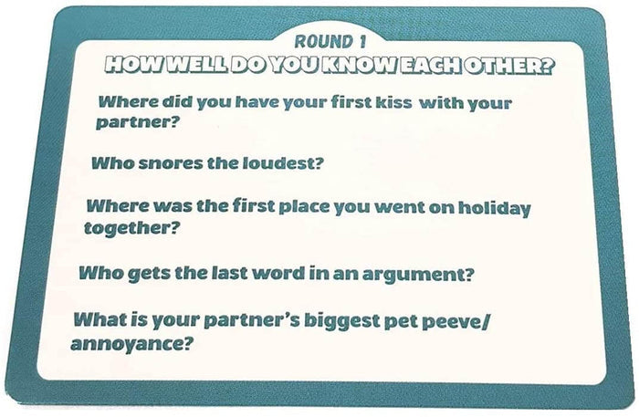 Teal-bordered game card with rounded corners, featuring five relationship questions under the Round 1 heading.