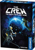 Dark blue board game box with space art of two astronauts floating near a glowing planet under large white title text.