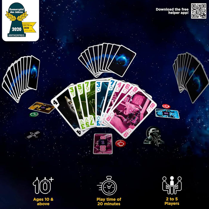 Space-themed card game display with colorful numbered cards, tokens, and player icons on a starry galaxy background.