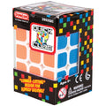 White 3x3 puzzle cube with rounded orange and blue tiles in black Duncan brand packaging with a colorful grid.