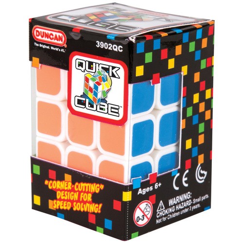 White 3x3 puzzle cube with rounded orange and blue tiles in black Duncan brand packaging with a colorful grid.
