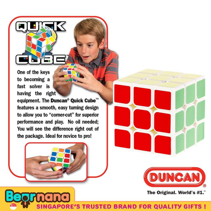 Promotional graphic for the white 3x3 Duncan Quick Cube, showing a boy solving the puzzle and product feature text.