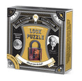 Vintage black and gold box showing a wooden padlock puzzle with key, scientific motifs, and Einstein's portrait.