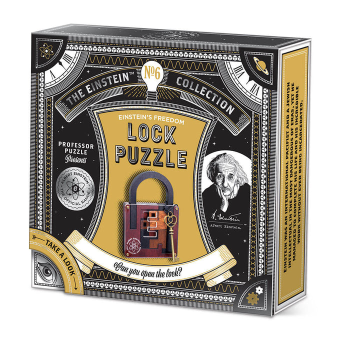 Vintage black and gold box showing a wooden padlock puzzle with key, scientific motifs, and Einstein's portrait.