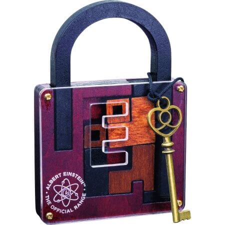 Purple wooden padlock puzzle with sliding blocks under a clear E-shaped window and a hanging antique gold key.