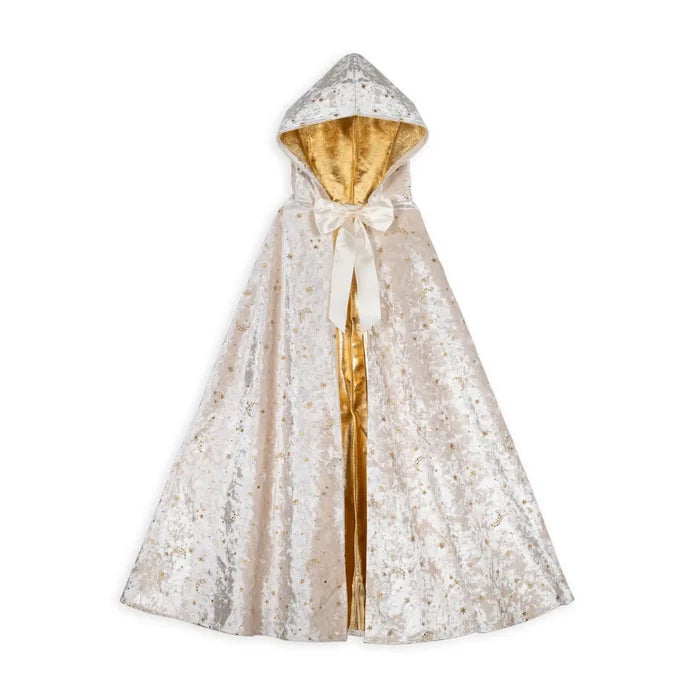 White crushed velvet hooded cape with gold stars, a gold lining, and a white satin bow at the neck.