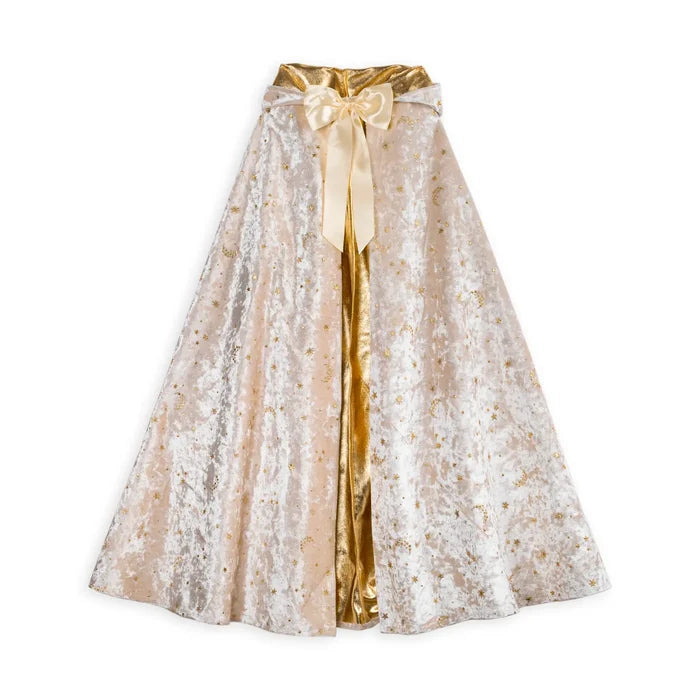 Long champagne crushed velvet cape with gold stars and moons, metallic gold lining, and a cream satin bow.