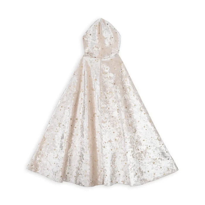 Light pink crushed velvet hooded cape with gold star and moon patterns in a flared A-line silhouette.