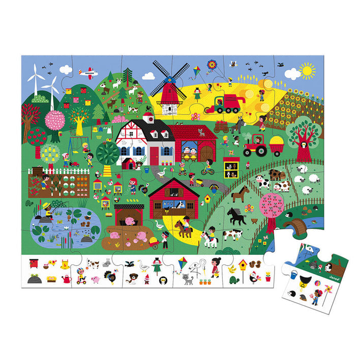Vibrant farm puzzle with a red barn, white house, animals, and search border, with one piece pulled aside.