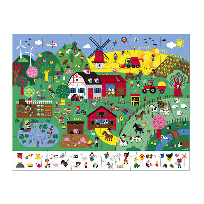 Vibrant cartoon farm puzzle scene with animals, barn, and windmill, plus an observation border of objects to find.