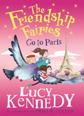 Three fairies riding a large pigeon past the Eiffel Tower against a pink sky with yellow stars.