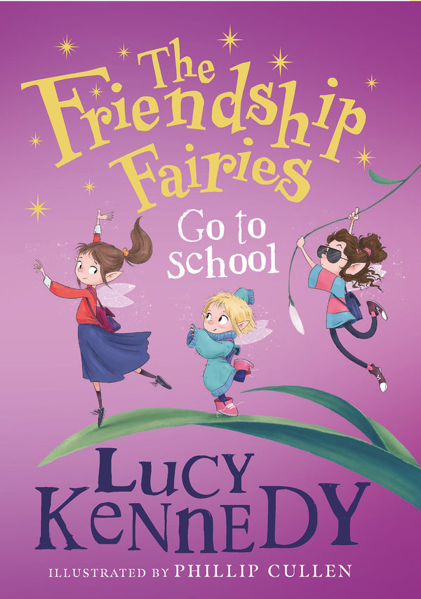 Three young fairies with wings and pointed ears on a purple starry background above a large green leaf.
