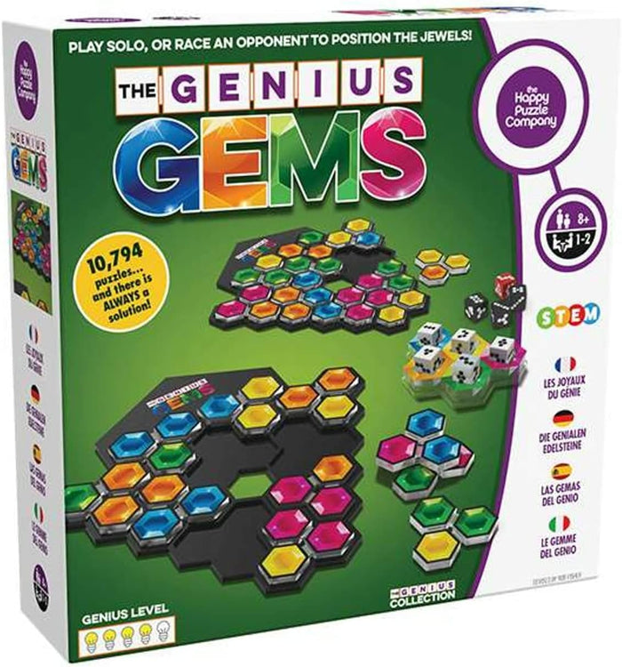 Green box for Genius Gems puzzle game showing black honeycomb boards with colorful translucent gems and game dice.