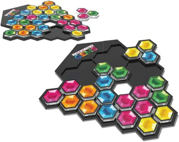 Two black hexagonal game boards with faceted gem pieces in pink, blue, yellow, orange, and green.