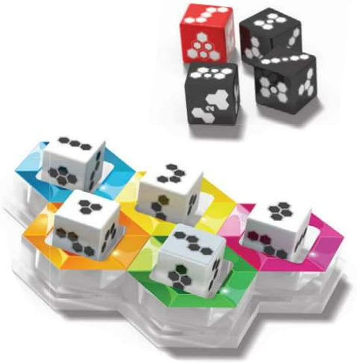 Hexagonal puzzle with white dice in colored wells, plus red and black dice featuring white hexagonal dots.