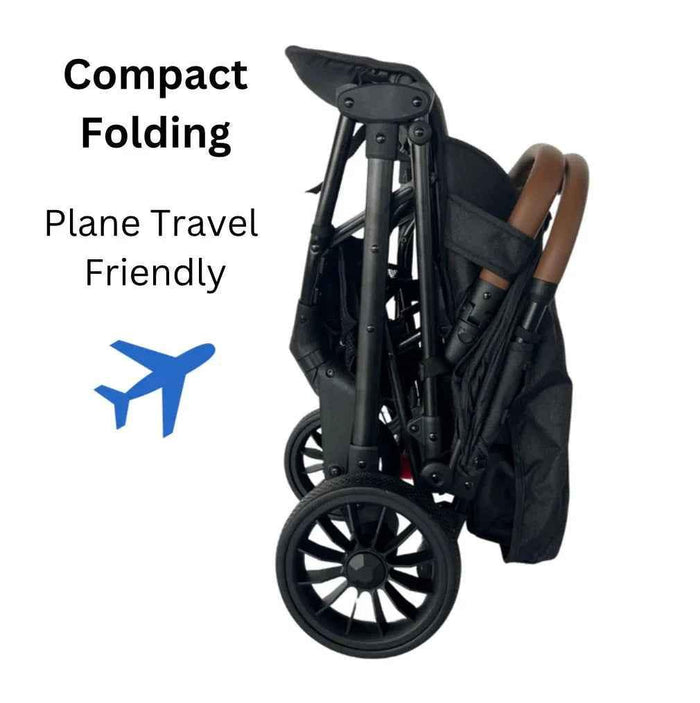 Baby Way NZ The Glide compact travel stroller and capsule car seat combo with pull handle, shown with adjustable seat and safety harness.