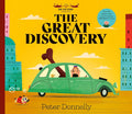 Book cover featuring a man driving a green car with a giant bone sticking out of the roof on a yellow background.