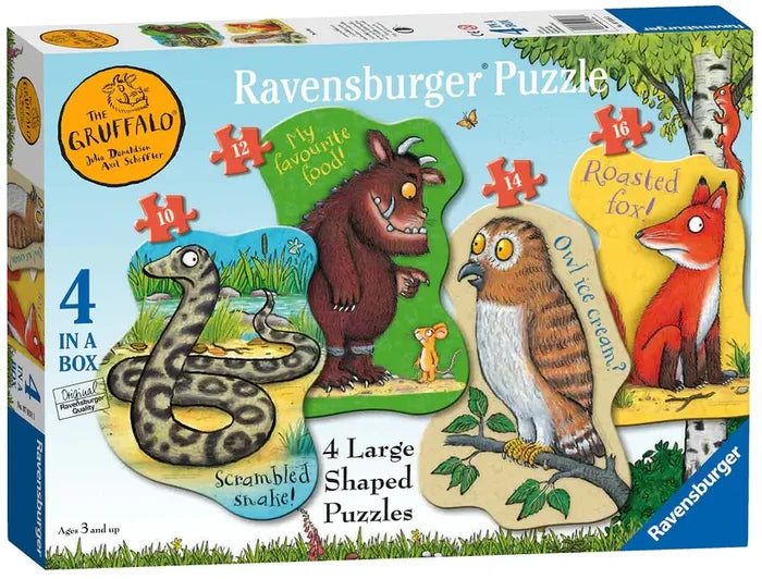 A blue Ravensburger box showing four shaped puzzles of Gruffalo characters: a snake, Gruffalo, owl, and fox.