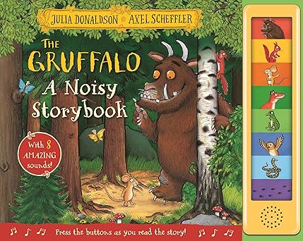 Illustrated book cover of a brown monster in a forest with a yellow side panel featuring 8 colorful sound buttons.
