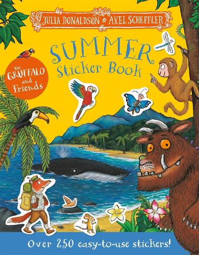 Bright yellow sticker book cover featuring the Gruffalo and various animals in a tropical beach scene.